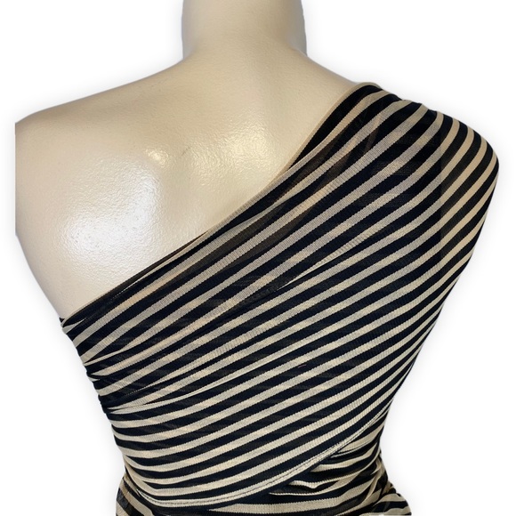 Womens Beige & Black Striped ONE SHOULDER BLOUSE TOP SHIRT ā¢XSmall - Picture 5 of 7